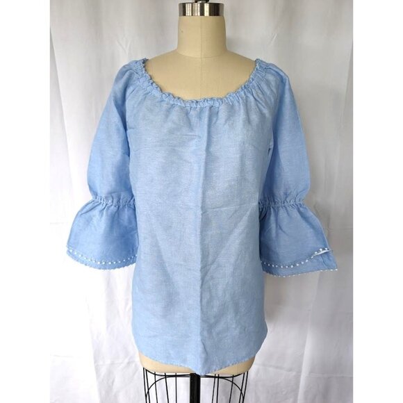 Talbots Tops - Talbots Shirt Women's 3/4 Length Pom Pom  Sleeve Size Small Linen Blend Blue